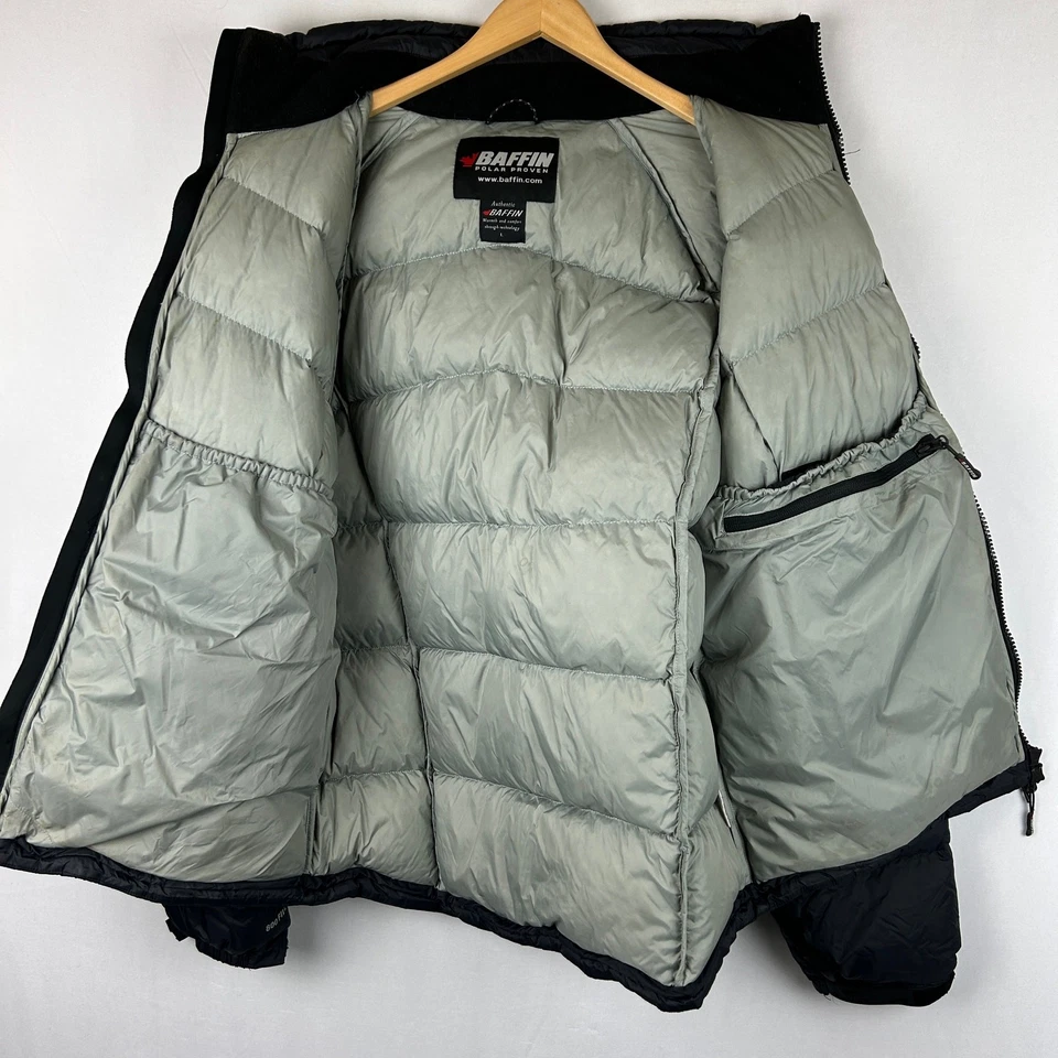 Baffin Goose Down Puffer Jacket Black Full Zip Hideaway Hood Men's Size L - Image 4 of 4