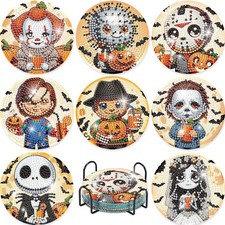 8 Pcs Halloween Diamond Painting,Coasters Kits with Holder,DIY Horror Cute Diamo