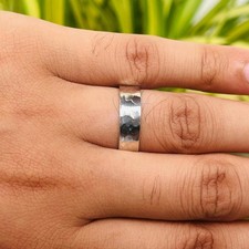 Handmade Hammered 925 Sterling Silver Wide Band Ring Rustic Unisex