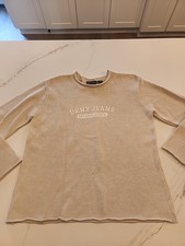 DKNY Jeans Womens Sweater SZ M Beige Gray Logo Long Sleeve 100 Cotton