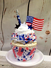 Cute 4th of July Patriotic Themed Fake Whipped Cream CUPCAKE Tiered Tray Decor
