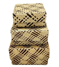 Lot of 3 - VTG Basket Box Brown & Tan Weaved Square Small Baskets  w/ Lids