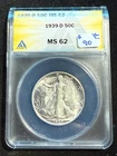 1939 D WALKING LIBERTY HALF DOLLAR  ANACS MS 62 363