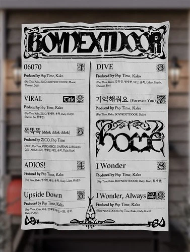 BOYNEXTDOOR 1st Studio Album RANDOM Ver./CD+Book+Poster+Photo+3 card with pop-up graphic and black text.