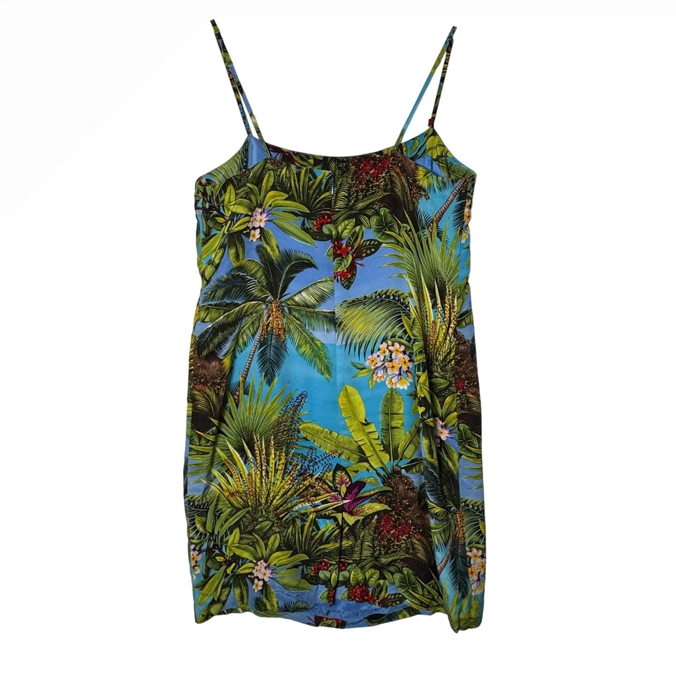 Vintage Silk Tropical Slip Dress Womens Size 16 Blue Palm Floral Resortwear - Image 3 of 4