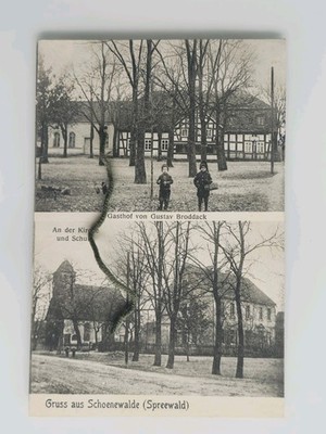 AK Gruß aus Schoenewalde Spreewald Gasthaus Gustav Broddack gelaufen 1914