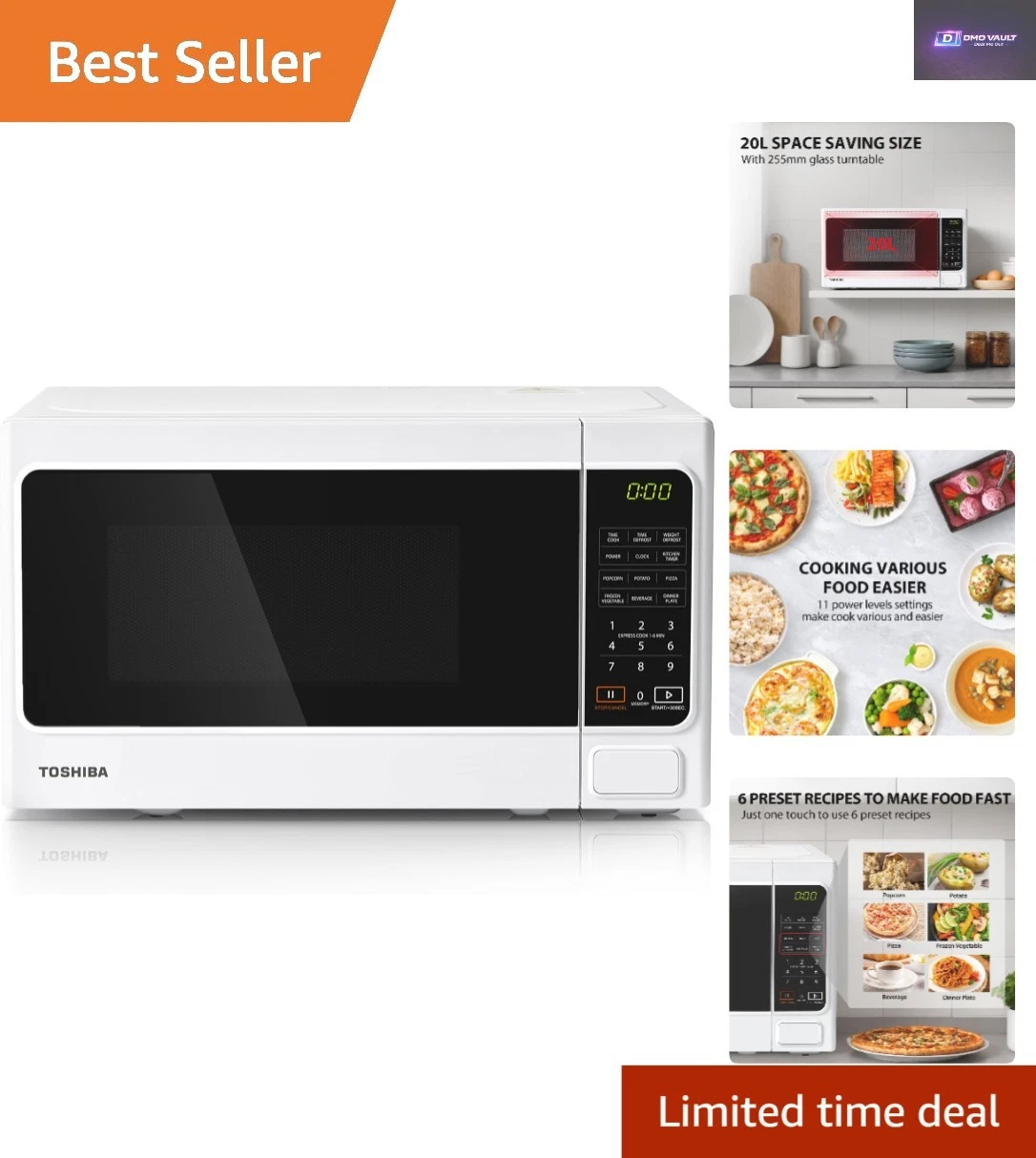 Sleek 20L White Microwave Oven, 800W with 6 Preset Recipes & Child Safety Lock