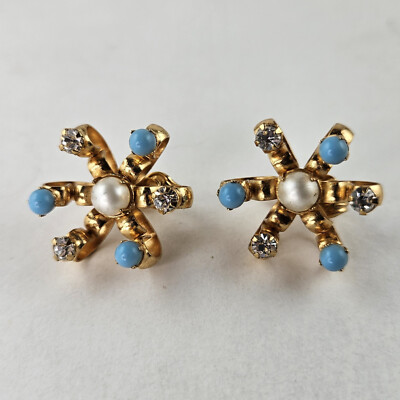 Carnegie Vintage Earrings White Rhinestone Faux Pearl Turquoise