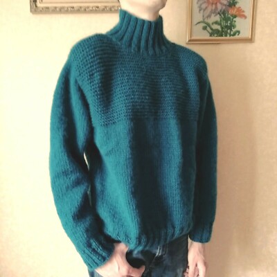 Men's Green Mohair Sweater Big Size Knit Hand Petrol Turtleneck Handmade Jumper
