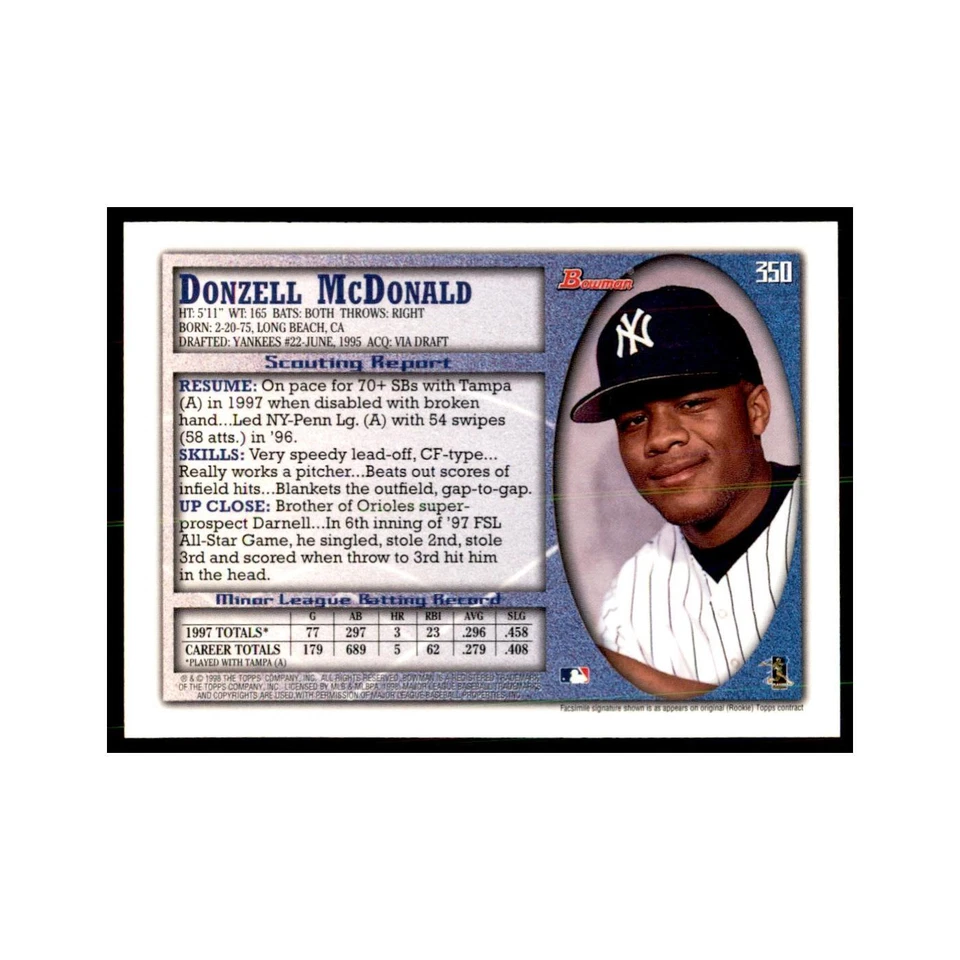 1998 Bowman Donzell McDonald Baseball Cards #350 - Image 2 of 3