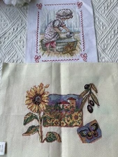 2 Pieces completed finished cross stitch Sunflowers and little girls Unframed