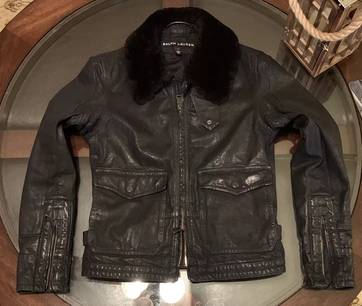 Ralph Lauren Black Label Womens Size Small Fur Collar Aviator