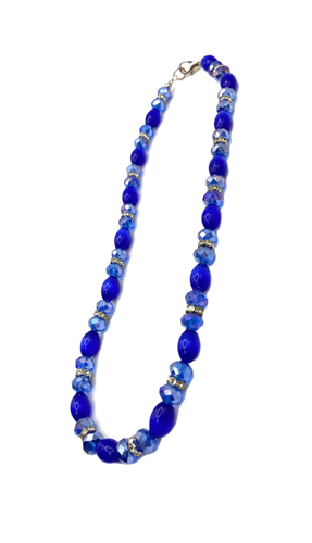 Cobalt Blue Faceted Crystal Glass Rhinestone Accents Choker Beaded Necklace 21" - Picture 21 of 24