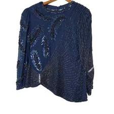 Beaded Silk Art Deco Vintage 90s Blouse, Navy Blue, Fully Beaded, Sequin, Size 8