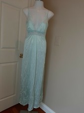 Vintage Silky Light Blue Nightgown Embroider Pink Rose Flower Lace Long JC Penny