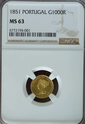 1851 Portugal Gold Maria II 1000 Reis CURRENCY MONEY Coin NGC 63 TOP POP