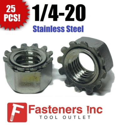 (Qty 25) 1/4-20 Kep Hex Star Lock Nuts Stainless Steel CoarseThread 18-8 / 304