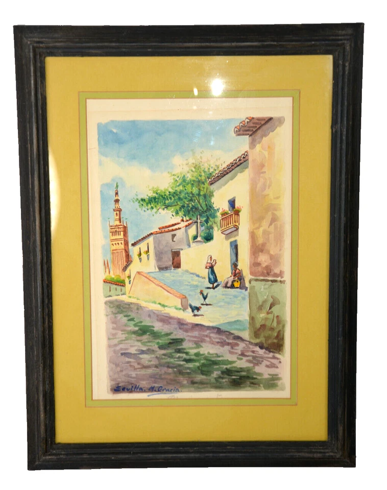 Acuarela Sevilla España Paisaje Ciudad Vieja Escena Original Pintura Enmarcada Firmada Foto 2 de 4