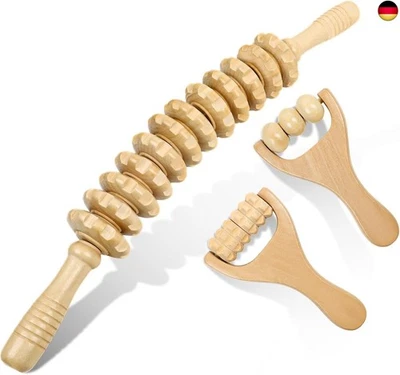 ROTKUSZ 3 Stück Faszienrolle Holz, Premium Faszienstab mit Griff, Massageroller für R