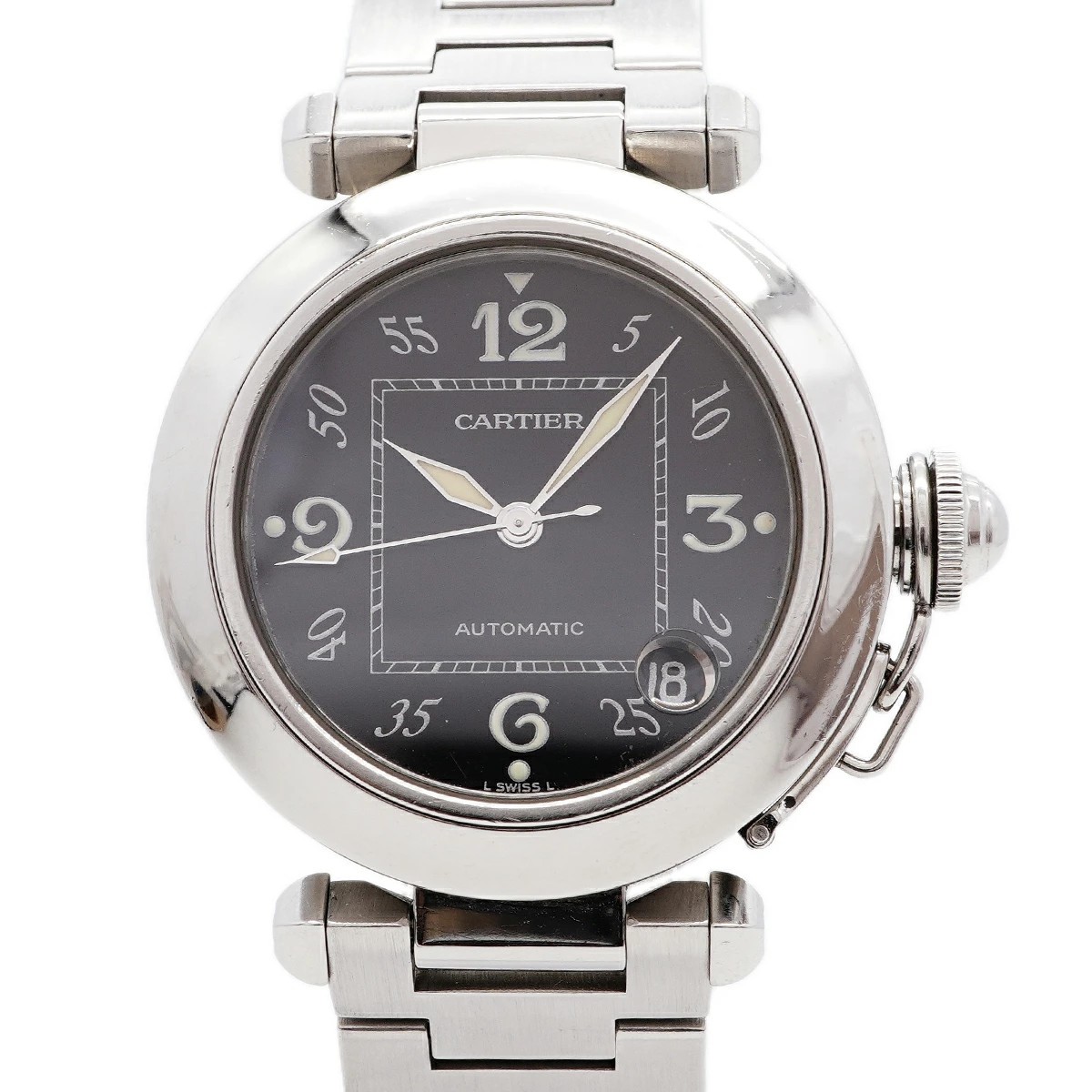 CARTIER WATCH PASHA C W31043M7 AUTOMATIC DATE BLACK DIAL STAINLESS STEEL MEN'S