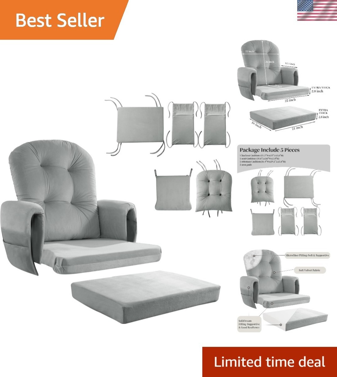 Luxury 5-Piece Glider Rocker Replacement Cushions with Side Pockets Light  Grey