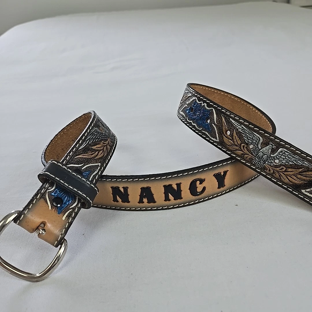 Vintage Floral Leather Belt Engraved “NANCY” 36” Leather Cowgirl Floral Belts for Women for sale | eBay main image 3