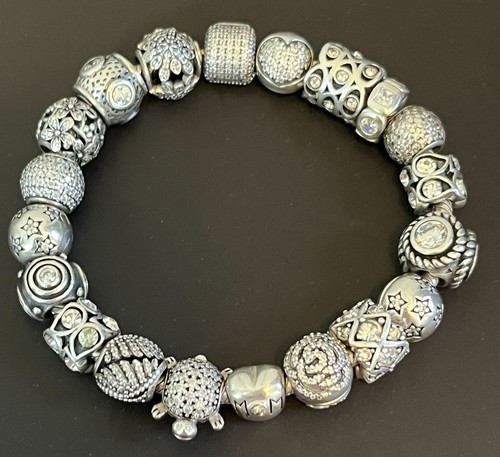 PANDORA Sterling Silver Bracelet + 19 Pandora & Chamilia Charms Beads CZ