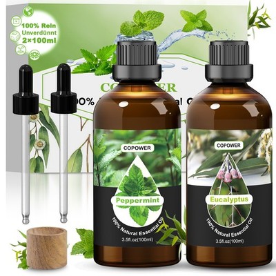 2x 100ml Ätherische Öle Set - Reines Pfefferminzöl & Eukalyptusöl - Naturrein