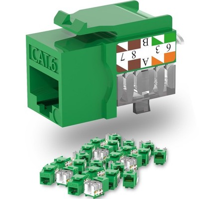 25 Pack Cat6 Keystone Jack, Green, Slim 90 Degree RJ45 Punch Down, WallPlate