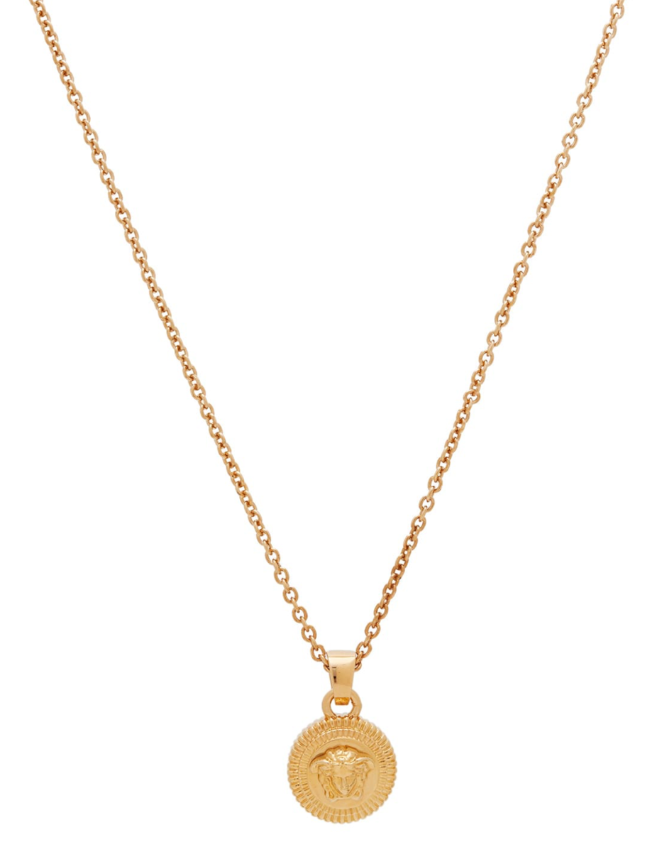 VERSACE ゴールドメダリオンネックレス NIB Versace Biggie Medusa Round Logo Medallion Gold Pendant Chain