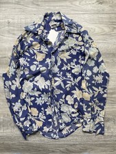 1970s Button Up Floral Shirt Blue Montgomery Ward Size Small All Over Print