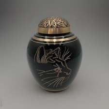 Elegant Cat Cremation Urn Shiny Enamel Over Solid Brass Hand Etched Cat Design