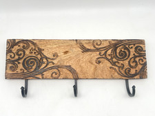 Vintage Wall Mounted Handmade Burned Wood Key Coat Rack w/ 3 Metal Hooks - 15"