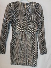 Fashion Nova Sequin Mini Dress Womens Size L Black Nude Lined V Neck Long Sleeve