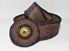 Chico's Women's Sz M Adjustable Decorative Tooled Brown Leather Braided Belt