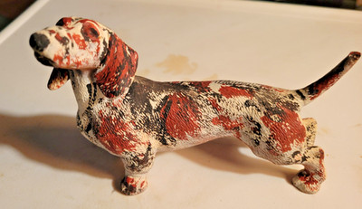 Vintage 8 Inch Resin Red/White/Black Dachshund Figurine Numbered 7733 Unbranded