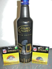 NFL 2016 SUPER BOWL 50 FOOTBALL BUD LIGHT ALUMINUM BEER BOTTLE EMPTY + 2 PINS