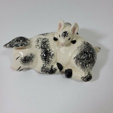 Ceramic Mama Pig  Piglet Black and White Hand Painted Farmhouse 2.5 x 5.25 inch