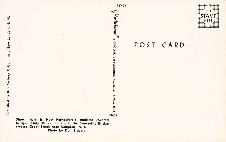 Postcard Drewsville Covered Bridge over Great Brook near Langdon, New