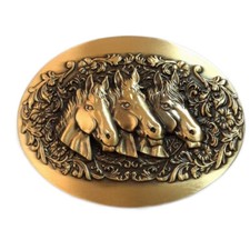 3 Horse Head Western Cowboy Solid Brass Copper Mens Belt Buckle Vintage