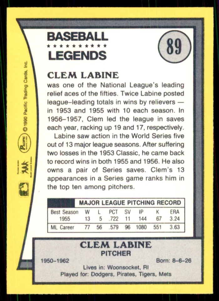 1990 Pacific Clem Labine Baseball Cards #89 - Image 2 of 2