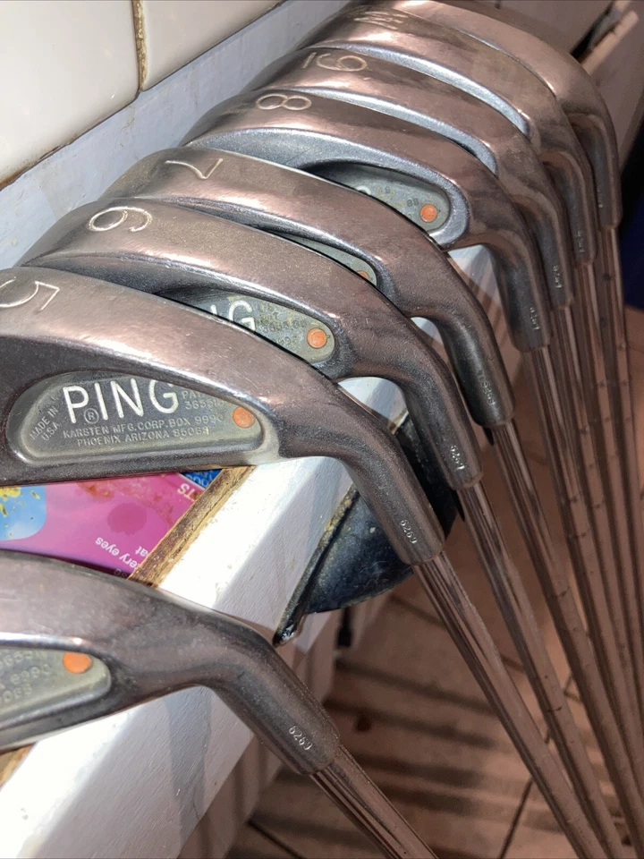 Juego de plancha vintage Ping Karsten punto naranja 4,5,6,7,8,9,W,S 5-madera 4 punta de madera tacón Foto 3 de 4