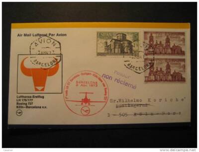 GERMANY 1973 First Flight LH Boeing Koln Bonn Stuttgart Barcelona Spain Toro Tor