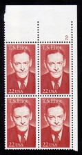 #2239 T.S. ELIOT. MINT PLATE BLOCK. F-VF NH!