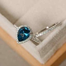 925 Sterling Silver Ring, London Blue Topaz wedding Ring, Pear shape, 2 Ring Set