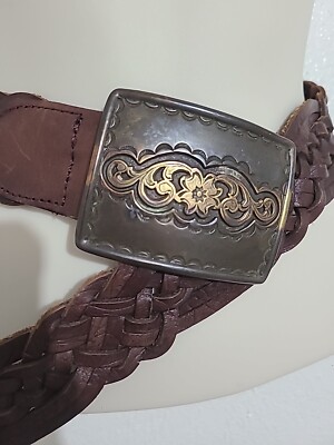 Vintage  Genuine Leather Braided Belt Brown Western   S-XL Brass Buckle Vintage 1960s THICK Brown Leather Belt Womens Size Large/XL  main image 3