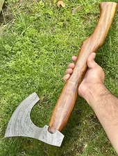 CUSTOM HAND FORGED DAMASCUS STEEL VIKING BEARDED CAMPING HATCHET TOMAHAWK AXE