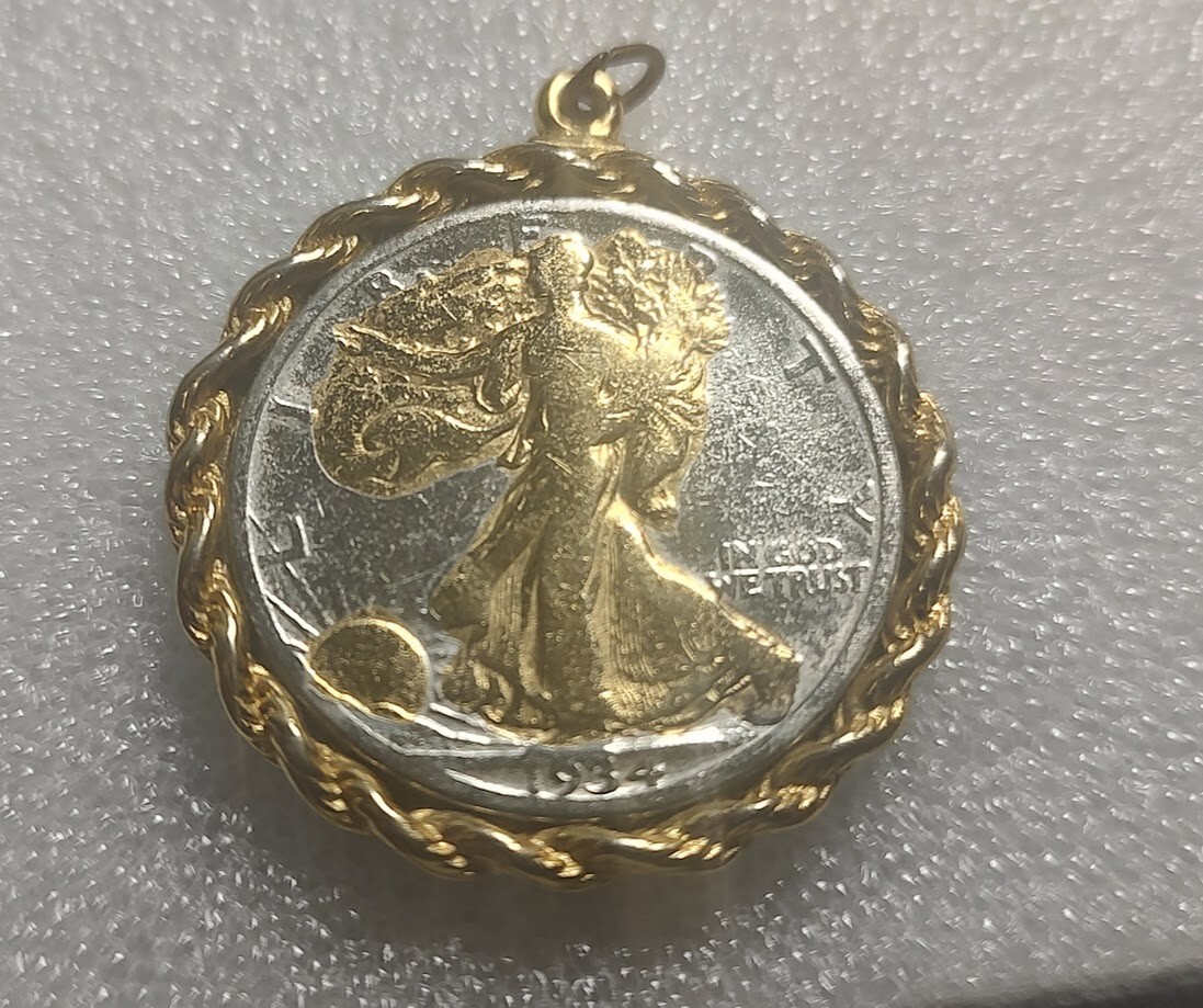 【VINTAGE HOLLYWOOD】Ladder Half Chain Necklace_VH2478NE074M Vintage 1934 Walking Liberty Silver Half Dollar & Gold-Toned