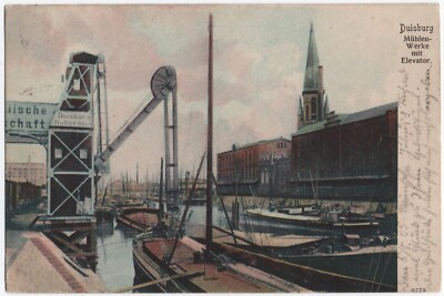 alte Ak Duisburg, Hafen, Mühlenwerke mit Elevator, gelaufen 1905