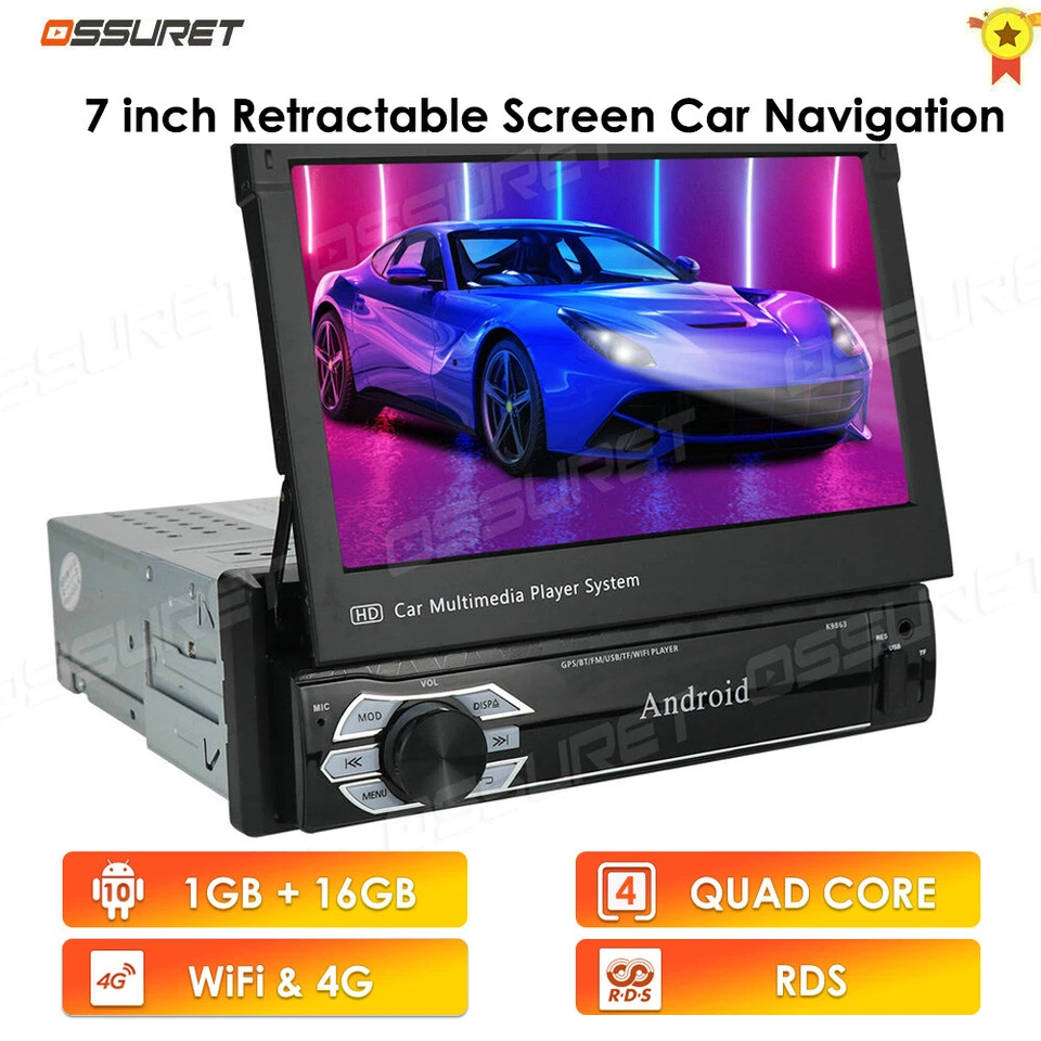 Single 1Din 7" Flip Out Car Stereo Radio Android 10.1 GPS Navi FM Player +Camera - Image 3 of 4